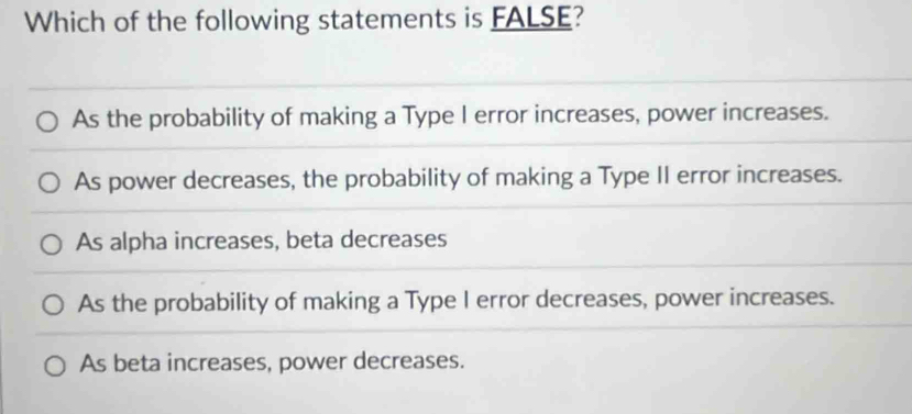 Which of the following statements is FALSE?
As the probability of making a Type I error increases, power increases.
As power decreases, the probability of making a Type II error increases.
As alpha increases, beta decreases
As the probability of making a Type I error decreases, power increases.
As beta increases, power decreases.