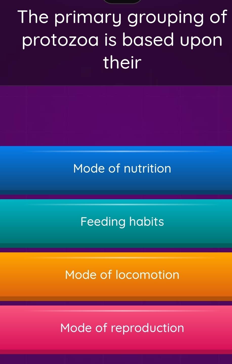 The primary grouping of
protozoa is based upon
their
Mode of nutrition
Feeding habits
Mode of locomotion
Mode of reproduction