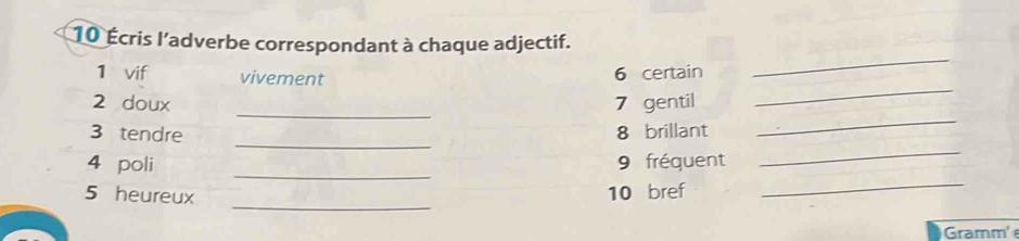 10 Écris l’adverbe correspondant à chaque adjectif. 
_ 
1 vif vivement 
6 certain 
_ 
_ 
2 doux 7 gentil 
_ 
_ 
3 tendre 8 brillant 
_ 
_ 
4 poli 9 fréquent 
_ 
5 heureux 10 bref 
_ 
Gramm'e