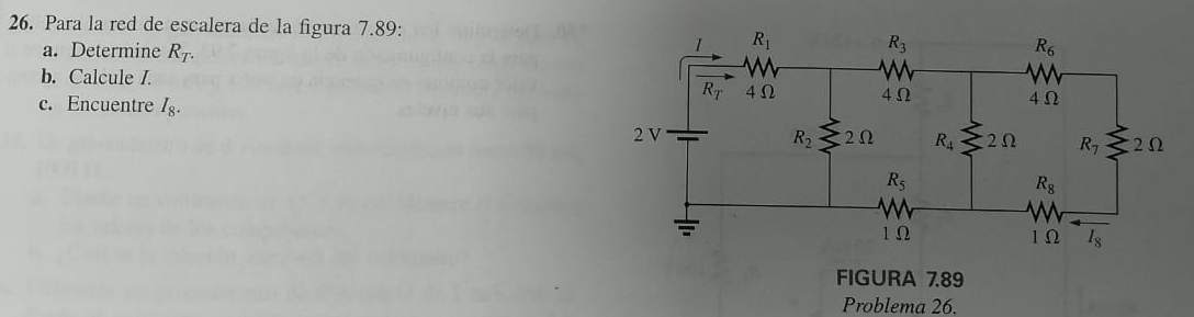 Para la red de escalera de la figura 7.89:
a. Determine R_T.
b. Calcule I.
c. Encuentre I_8.
FIGURA 7.89
Problema 26.