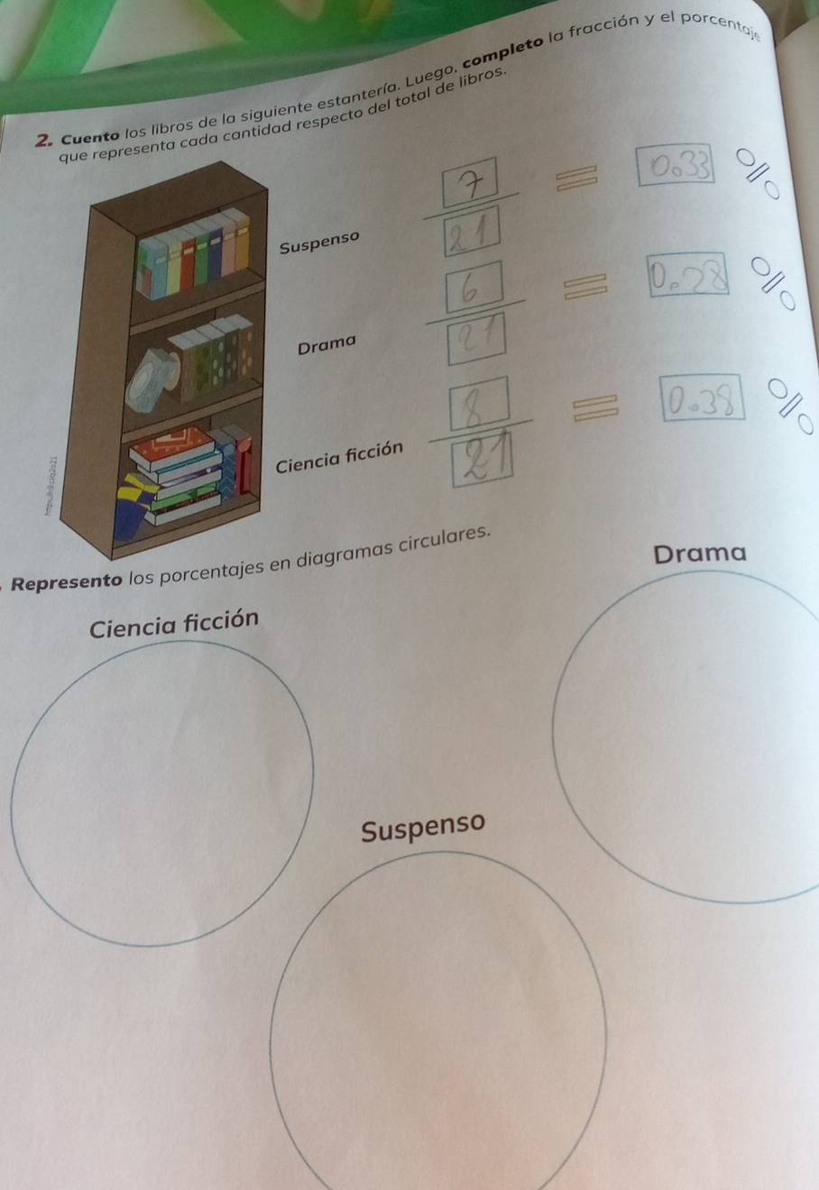 Cuento los libros de la siguiente estantería. Luego, completo la fracción y el porcentaj 
esenta cada cantidad respecto del total de libros 
= 0 
3 
÷=□ % 
z = 
Drama 
Represento los porcentajes en diagramas circulares. 
Ciencia ficción 
Suspenso