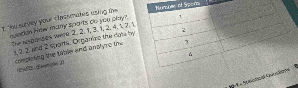 ports 
7. You survey your classmates using the 
question How many sports do you play? 
The responses were 2, 2, 1, 3, 1, 2, 4, 1, 2, 1,
3. 2 2. and 2 sports. Organize the data by 
completing the table and analyze the 
résults. (Example 2) 
19-1 • Statistical