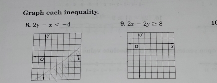 Graph each inequality.
8. 2y-x 9. 2x-2y≥ 8 1(