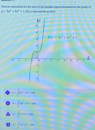 Find an expression for the area of the shaded region (bounded by the graph of
y=3x^3+2x^2+1 , the z-axis and the y-axis).
A=∈t _1^(2(2x^3)+2x^2+1)dx
2 A=∈tlimits _(-2)^(-1)(3x^2+2x^2+1)dx
A=∈tlimits _(-1)^0(x^3+x^2+1)dx
4 A=∈t _1^((-1)(x^3)+x^2+1)dx