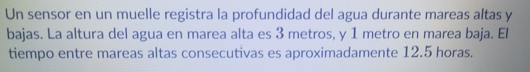 Un sensor en un muelle registra la profundidad del agua durante mareas altas y 
bajas. La altura del agua en marea alta es 3 metros, y 1 metro en marea baja. El 
tiempo entre mareas altas consecutivas es aproximadamente 12.5 horas.