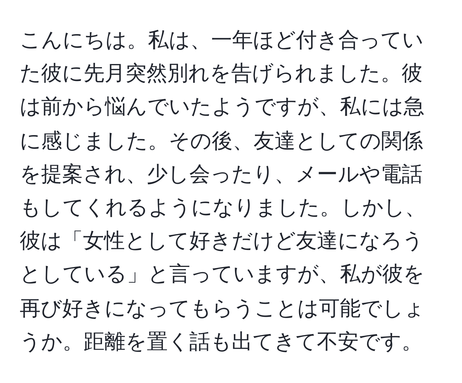 こんにちは。私は、一年ほど付き合っていた彼に先月突然別れを告げられました。彼は前から悩んでいたようですが、私には急に感じました。その後、友達としての関係を提案され、少し会ったり、メールや電話もしてくれるようになりました。しかし、彼は「女性として好きだけど友達になろうとしている」と言っていますが、私が彼を再び好きになってもらうことは可能でしょうか。距離を置く話も出てきて不安です。