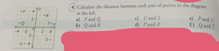 Calculate the distance between each pair of points in the diagram
at the left.
a) Pand Q c) Uand S e) P and U
b) Q and R d) P and R f) Q and T