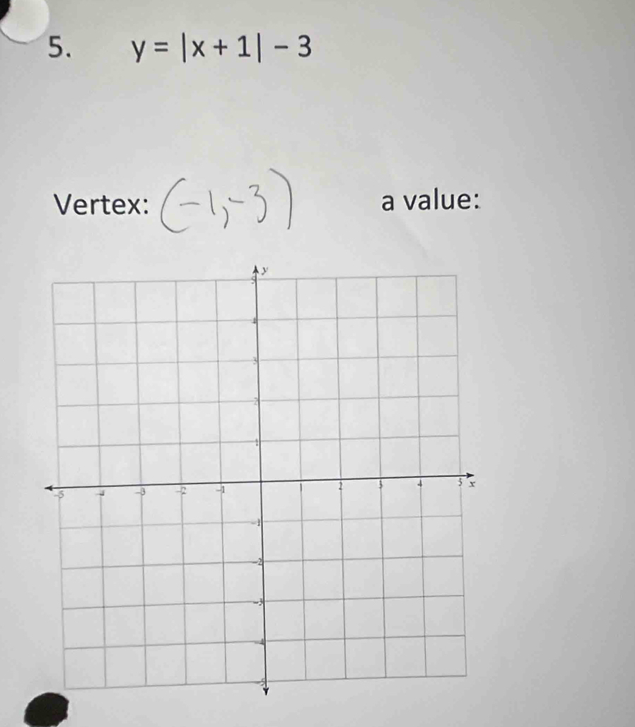 y=|x+1|-3
Vertex: a value: