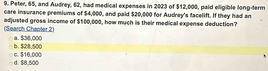 Peter, 65, and Audrey, 62, had medical expenses in 2023 of $12,000, paid eligible long-term
care insurance premiums of $4,000, and paid $20,000 for Audrey's facelift. If they had an
adjusted gross income of $100,000, how much is their medical expense deduction?
(Search Chapter 2)
a. $36,000
b. $28,500
c. $16,000
d. $8,500