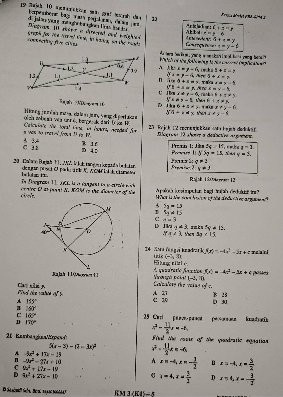 Rajah 10 menunjukkan satu graf terarah dan 22
Kerias Model·PRA-SPM 3
berpemberat bagi masa perjalanan, dalam jam,
di jalan yang menghubungkan lima bandar. Akibat: x=y-6
Antejadian: 6+x=y
Diagram 10 shows a directed and weighted
graph for the travel time, in hours, on the roads
Antecedent: 6+x=y
connecting five cities.
Consequençe: x=y-6
Antara berikut, yang manakah implikasi yang betul?
Which of the following is the correct implication?
A Jika
x=y-6 , maka 6+x=y.
Ifx=y-6 , then 6+x=y.
B (i) a 6+x=y, maka x=y-6.
if6+x=y then x=y-6.
C Jiknx!= y-6 , ma ka6+x!= y.
Ifx!= y-6 then 6+x!= y.
Rajah 10/Diagram 10
D Jika6+x!= y, maka x!= y-6.
l∈t 6+x!= y, then x!= y-6.
Hitung jumlah masa, dalam jam, yang diperlukan
olch sebuah van untuk bergerak dari U ke W.
Calculate the total time, in hours, needed for 23 Rajah 12 menunjukkan satu hujah deduktif.
a van to travel from U to W. Diagram 12 shows a deductive argument.
A 3.4 B 3.6 Premis 1: Jika 5q=15 , maka q=3.
C 3.8 D 4.0 Premise 1: If5q=15, , then q=3.
Premis 2: q!= 3
20 Dalam Rajah 11, JKL ialah tangen kepada bulatan Premise 2: q!= 3
dengan pusat O pada titik K. KOM ialah diameter
bulatan itu.
Rajah 12/Diagram 12
In Diagram 11, JKL is a tangent to a circle with
centre O at point K. KOM is the diameter of the Apakah kesimpulan bagi hujah deduktif itu?
circle. What is the conclusion of the deductive argument?
A 5q=15
B 5q!= 15
C q=3
D Jika q!= 3 , maka 5q!= 15.
, then 5q!= 15.
If q!= 3
24 Satu fungsi kuadratik f(x)=-4x^2-5x+c melalui
titik (-3,8).
Hitung nilai c.
A quadratic function f(x)=-4x^2-5x+c passes
Rajah 11/Diagram11 through point (-3,8).
Cari nilai y.
Calculate the value of c.
Find the value of y. A 27 B 28
A 155° C 29 D 30
B 160°
C 165°
25 Carl punça-punça persamaan kuadratik
D 170°
x^2- 11/2 x=-6.
21 Kembangkan/Expand: Find the roots of the quadratic equation
5(x-3)-(2-3x)^2
A -9x^2+17x-19
x^2- 11/2 x=-6.
B -9x^2-27x+10
A x=-4,x=- 3/2  B x=-4,x= 3/2 
C 9x^2+17x-19
D 9x^2+27x-10
C x=4,x= 3/2  D x=4,x=- 3/2 
© Sasbadi Sdn. Bhd. 198501006847 KM 3 (K1) - 5