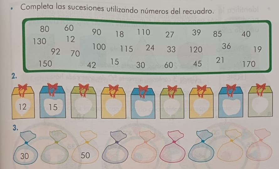 Completa las sucesiones utilizando números del recuadro.