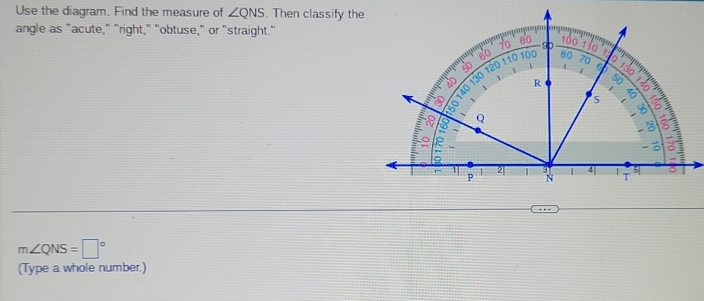 Use the diagram. Find the measure of ∠ QNS. Then classify the angle as ...