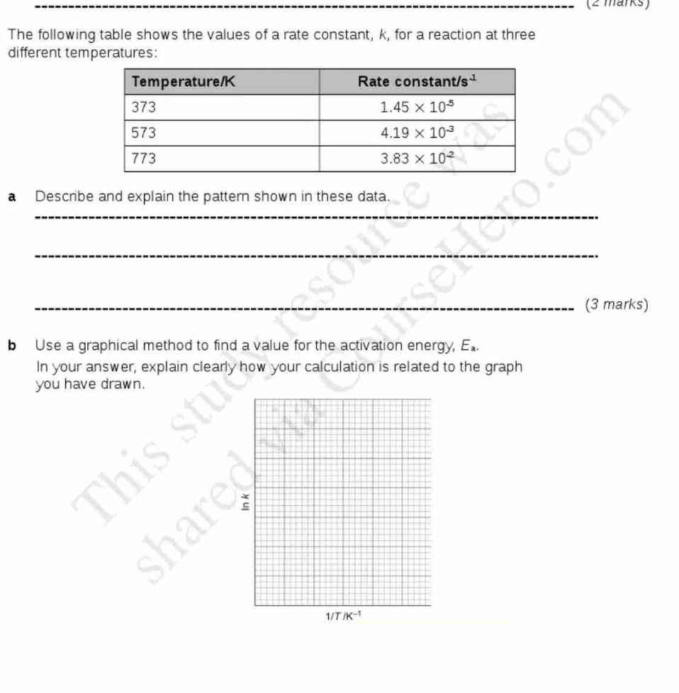 The following table shows the values of a rate constant, k, for a reaction at three
different temperatures:
a Describe and explain the pattern shown in these data.
_
_
_(3 marks)
b Use a graphical method to find a value for the activation energy, E.
In your answer, explain clearly how your calculation is related to the graph
you have drawn.
1/T/K^(-1)