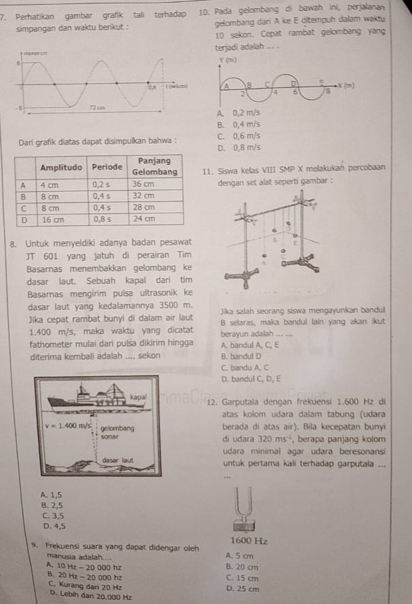 Perhatikan gambar grafik tali terhadap 10. Pada gelombang di bawah ini, perjalanan
simpangan dan waktu berikut : gelombang dari A ke E ditempuh dalam waktu
10 sekon. Cepat rambat gelombang yang
terjadi adalah ... .
A. 0,2 m/s
B. 0,4 m/s
Dari grafik diatas dapat disimpulkan bahwa : C. 0,6 m/s
D. 0,8 m/s
1. Siswa kelas VIII SMP X melakukan percobaan
dengan set alat seperti gambar :
8. Untuk menyeldiki adanya badan pesawat
JT 601 yang jatuh di perairan Tim
Basarnas menembakkan gelombang ke
dasar laut. Sebuah kapal dari tim
Basarnas mengirim pulsa ultrasonik ke
dasar laut yang kedalamannya 3500 m.
Jika cepat rambat bunyi di dalam air laut Jika salah seorang siswa mengayunkan bandul
B selaras, maka bandul lain yang akan ikut
1.400 m/s, maka waktu yang dicatat berayun adalah_
fathometer mulai dari pulsa dikirim hingga A. bandul A, C, E
diterima kembali adalah .... sekon B. bandul D
C. bandu A, C
D. bandul C, D, E
12. Garputala dengan frekuensi 1.600 Hz di
atas kolom udara dalam tabung (udara
berada di atas air). Bila kecepatan bunyi
di udara 320ms^(-1) , berapa panjang kolom
udara minimal agar udara beresonansi
untuk pertama kali terhadap garputala ...
.
A. 1,5
B. 2,5
C. 3,5
D. 4,5
1600 Hz
9. Frekuensi suara yang dapat didengar oleh A. 5 cm
manusia adalah....
A. 10 Hz - 20 000 hz B. 20 cm
B. 20 Hz - 20 000 hz C. 15 cm
C. Kurang dari 20 Hz D. 25 cm
D. Lebih dari 20,000 Hz