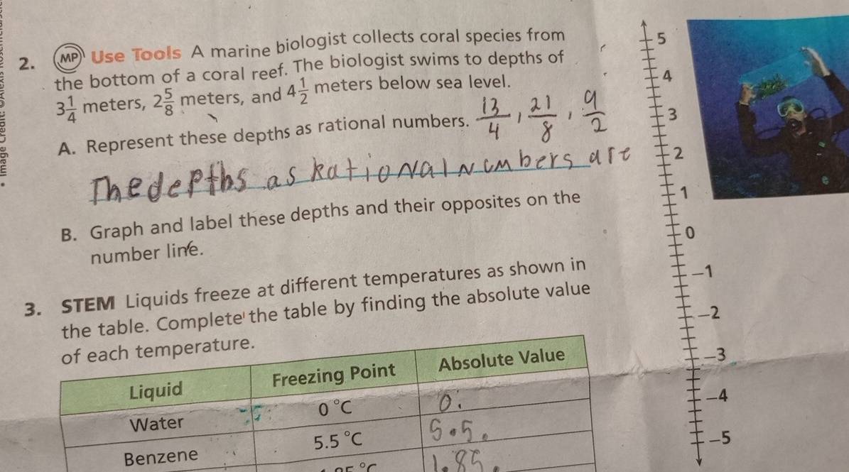 MP) Use Tools A marine biologist collects coral species from
5
the bottom of a coral reef. The biologist swims to depths of
3 1/4  meters, 2 5/8 meter s, and 4 1/2 mete ers below sea level.
4
A. Represent these depths as rational numbers.
3
_
2
B. Graph and label these depths and their opposites on the
0
number line.
3. STEM Liquids freeze at different temperatures as shown in
-1
the table. Complete the table by finding the absolute value
-2
-3
-4
-5
25°C