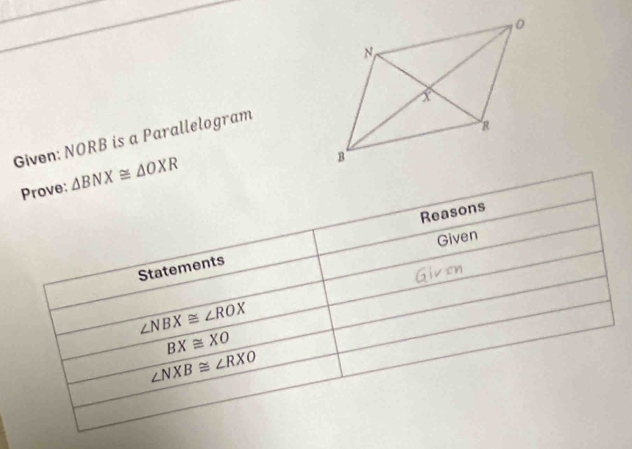 Given: NORB is a Parallelogram 
Prove: △ BNX≌ △ OXR
Given 
Statements Reasons
∠ NBX≌ ∠ ROX
BX≌ XO
∠ NXB≌ ∠ RXO