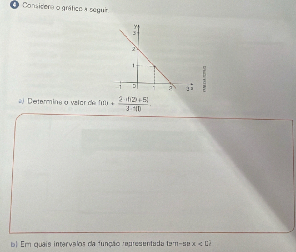 Considere o gráfico a seguir. 
; 
a) Determine o valor de f(0)+ (2· (f(2)+5))/3· f(1) . 
b) Em quais intervalos da função representada tem-se x<0</tex> 7