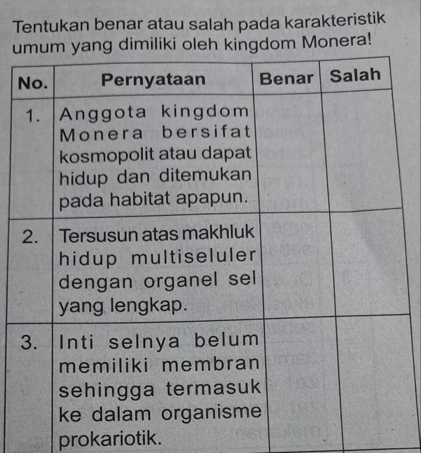 Tentukan benar atau salah pada karakteristik 
u Monera! 
prokariotik.