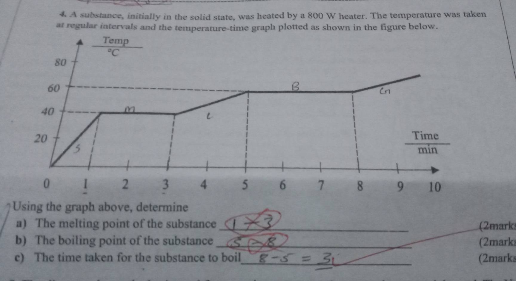 A substance, initially in the solid state, was heated by a 800 W heater. The temperature was taken 
at regular intervals and the temperature-time graph plotted as shown in the figure below. 
Temp°C
80
60
B 
Gn
40
M 
L
20
Time
min
0 1 2 3 4 5 6 7 8 9 10
Using the graph above, determine 
a) The melting point of the substance_ (2mark 
b) The boiling point of the substance _(2mark 
c) The time taken for the substance to boil_ (2mark