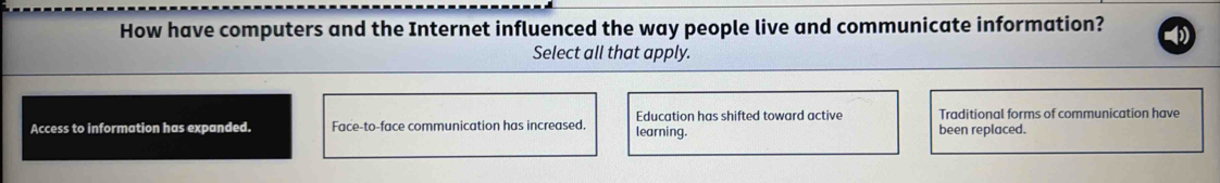 How have computers and the Internet influenced the way people live and communicate information?
Select all that apply.
Education has shifted toward active Traditional forms of communication have
Access to information has expanded. Face-to-face communication has increased. learning. been replaced.