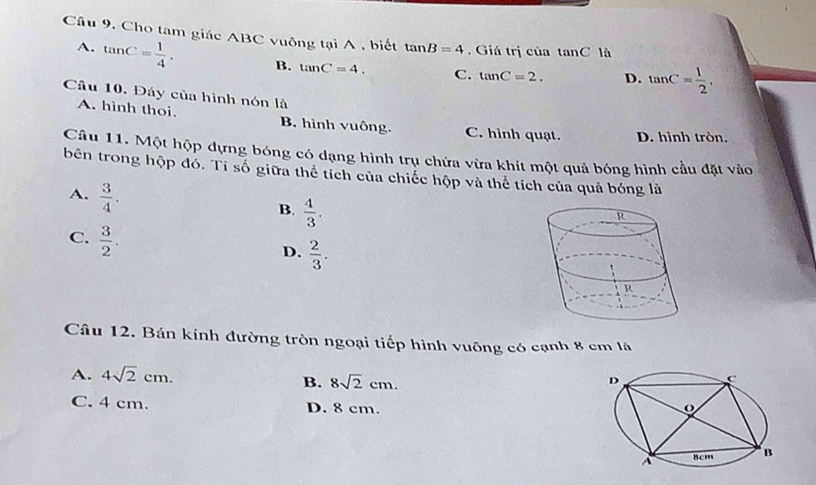 Cho tam giác ABC vuông tại A , biết tan B=4. Giá trị của tan C là
A. tan C= 1/4 .
B. tan C=4. C. tan C=2.
D. tan C= 1/2 . 
Câu 10. Đáy của hình nón là
A. hình thoi. B. hình vuông. C. hình quạt.
D. hình tròn.
Câu 11. Một hộp dựng bóng có dạng hình trụ chứa vừa khít một quả bóng hình cầu đặt vào
bên trong hộp đó. Tỉ số giữa thể tích của chiếc hộp và thể tích của quả bóng là
A.  3/4 .
B.  4/3 .
C.  3/2 .
D.  2/3 . 
Câu 12. Bán kính đường tròn ngoại tiếp hình vuông có cạnh 8 cm là
A. 4sqrt(2)cm.
B. 8sqrt(2)cm.
C. 4 cm. D. 8 cm.