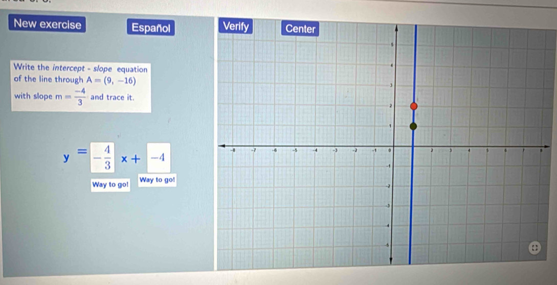 New exercise Español 
Write the intercept - slope equation 
of the line through A=(9,-16)
with slope m= (-4)/3  and trace it.
y=- 4/3 x+-4
Way to go! Way to go!