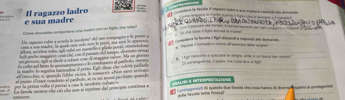 Ancota
COMPRENSIONE
a  C Esta preco Il ragazzo ladro
ol te=  Considera la favola II ragazzo fadro e sua madre e rispondi alle domande.
20  ' Come reagisce la madre quando il figlo rubs le tivoliette e a montello?
_
e sua madre
Come dovrebbe comportarsi una madre con un figlio che ruba?  con il passare del tempo, il comportamento del figlo peggiora o migliora?
Un ragazzo rubó a scuola le tavolette' del suo compagno e le portò a . Di che cosa it figlio accusa la madre?_
casa a sua madre, la quale non solo non lo puni, ma anzi lo approvó
Considera la favola I figli discordí e rispondi alle domande.
allora, un altra volta, eglí rubó un mantello e glielo portò, ottenendone
a  Perché il contadino ricorre all'esempio delle verghe
Jodi anche maggiori; cosicché, con il passare del tempo, divenuto ormai_
un giovane, eglí sí diede a rubare cose di maggior valore. Ma un giorno
fu colto sul fatto: lo ammanettamno e lo condussero al patíbolo, mentre b. I figli riescono a spezzare le verghe unite in un fascio ben strettol_
la madre lo seguiva battendosi il petto. Egli disse che voleva parlarle Di conseguenza, it padre che cosa dice ai figli?
all'orecchio, e, quando l'ebbe vicina, le sussurrò: «Non sarei arrivato
al punto d'esser condotto al patíbolo, se tu mi avessi picchiato quando
wolne per la prima volta ti portai a casa le tavolette rubate!»
ANALISI E INTERPRETAZIONE
La favola mostra che ciò che non si reprime dal principio continua a   I protagonisti di queste due favole che cosa hanno di diverso ispetto ai protagonisti
A DT crescere.
delle favole lette finora?