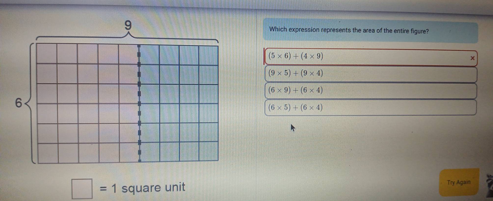 Which expression represents the area of the entire figure?
(5* 6)+(4* 9)
×
(9* 5)+(9* 4)
(6* 9)+(6* 4)
(6* 5)+(6* 4)
□ =1 square unit
Try Again