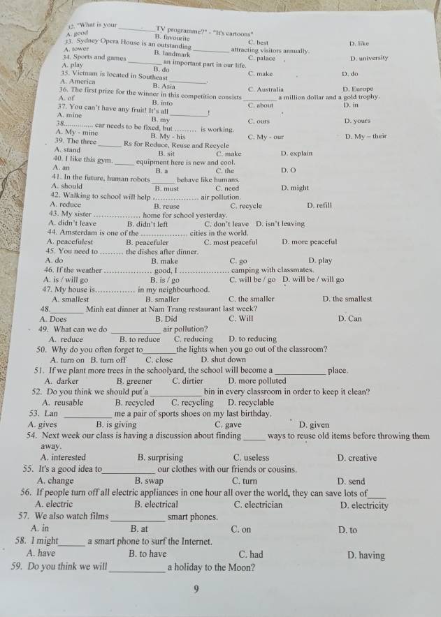 "What is yous_
A. good
TV programme?" - "It's cartoons"
B. favourite
33. Sydney Opera House is an outstanding C. best
A. tower _attracting visitors annually. D. like
B. landmark
34. Sports and games C. palace D. university
A. play _an important part in our life.
35. Vietnam is located in Southeast B. do C. make D. do

A. America B. Asia
36. The first prize for the winner in this competition consists C. Australia D. Europe
A. of B. into _C. about a million dollar and a gold trophy. D. in
37. You can’t have any fruit! It's all
A. mine B. my_
38 _.. car needs to be fixed, but …_ , is working. C. ours D. yours
A. My - mine B. My - his C. My - our D. My - their
39. The three _Rs for Reduce, Reuse and Recycle
A. stand B. sit C. make D. explain
40. I like this gym.
A. an _equipment here is new and cool. C. the D. O
B. a
_
41. In the future, human robots behave like humans.
A. should B. must C. need D. might
42. Walking to school will help .._ air pollution.
A. reduce B. reuse C. recycle D. refill
43. My sister _home for school yesterday.
A. didn’t leave B. didn’t lef C. don't leave D. isn’t leaving
44. Amsterdam is one of the _cities in the world.
A. peacefulest B. peacefuler C. most peaceful D. more peaceful
45. You need to _the dishes after dinner.
A. do D. play
46. If the weather _B. make . good, I _C. go camping with classmates.
A. is / will go B. is / go C. will be / go D. will be / will go
47. My house is_ in my neighbourhood.
A. smallest B. smaller C. the smaller D. the smallest
_
48. Minh eat dinner at Nam Trang restaurant last week?
A. Does B. Did C. Will D. Can
49. What can we do _air pollution?
A. reduce B. to reduce C. reducing D. to reducing
50. Why do you often forget to_ the lights when you go out of the classroom?
A. turn on B. turn off C. close D. shut down
51. If we plant more trees in the schoolyard, the school will become a place.
A. darker B. greener C. dirtier D. more polluted
52. Do you think we should put'a _bin in every classroom in order to keep it clean?
A. reusable B. recycled C. recycling D. recyclable
53. Lan _me a pair of sports shoes on my last birthday.
A. gives B. is giving C. gave D. given
54. Next week our class is having a discussion about finding _ways to reuse old items before throwing them
away.
A. interested B. surprising C. useless D. creative
55. It's a good idea to_ our clothes with our friends or cousins.
A. change B. swap C. turn D. send
56. If people turn off all electric appliances in one hour all over the world, they can save lots of_
A. electric B. electrical C. electrician D. electricity
57. We also watch films_ smart phones.
A. in B. at C. on D. to
58. I might_ a smart phone to surf the Internet.
A. have B. to have C. had D. having
59. Do you think we will_ a holiday to the Moon?
9