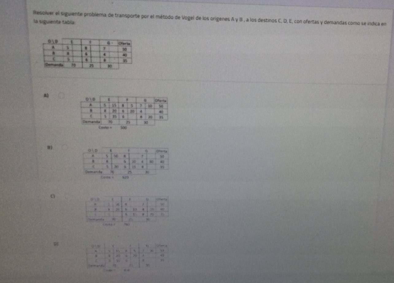 Resolver el siguiente problema de transporte por el método de Vogel de los origenes A y B , a los destinos C, D, E, con ofertas y demandas como se indica en 
la siguiente tabla: 
B 
。 c * Cherts
5
7 50
8 ∞ 80 40
“ 20 35
De a te x
a e = “2 

,
06
20 1 m e 
` 1 0 

, 
◇  D 4 + . 
* . 5a
a i 
` H 17 27