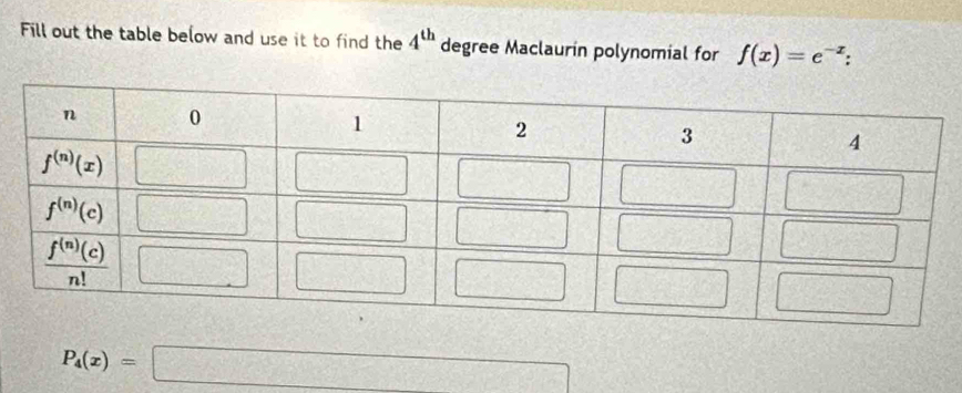 Fill out the table below and use it to find the 4^(th) degree Maclaurin polynomial for f(x)=e^(-x):
P_4(x)=□