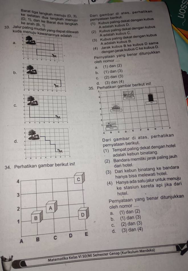 Barat tiga langkah menuju (D,3), Dari gambar di atas, perhatikan 8
ke selatan dua langkah menuju pemyataan berikut.
(D,1) , dan ke Barat dua langkah (1) Kubus paling dekat dengan kubus
ke arah (B,1)
A adalah kubus D.
33. Jalur paling mudah yang dapat dilewati (2) Kubus paling dekat dengan kubus
a.A adalah kubus C.
(3) Kubus paling dekat dengan kubus
A adalah kubus B.
(4) Jarak kubus B ke kubus D sama
dengan jarak kubus C ke kubus D.
Pernyataan yang benar ditunjukkan
oleh nomor ....
a. (1) dan (2)
b. b. (1) dan (3)
c. (2) dan (3)
d. (3) dan (4)
35. Perhatikan gambar berikut ini!
C.
d.
Dari gambar di atas, perha
pernyataan berikut.
(1) Tempat paling dekat dengan hotel
adalah kebun binatang.
34. Perhatikan gambar berikut ini! (2) Bandara memiliki jarak paling jauh
dari hotel.
(3) Dari kebun binatang ke bandara
hanya bisa melewati hotel.
(4) Hanya ada satu jalur untuk menuju
ke stasiun kereta api jika dari
hotel.
Pernyataan yang benar ditunjukkan
oleh nomor ....
a. (1) dan (2)
b. (1) dan (3)
c. (2) dan (3)
d. (3) dan (4)
Matematika Kelas VI SD/MI Semester Genap (Kurikulum Merdeka)