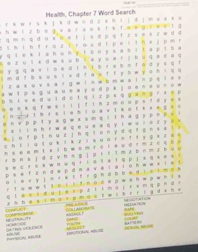 Health, Chapter 7 Word Search
i  r k w r s k j k d w n d z x h i j d j m u a x u
a h w l z b e g v a r a e k f k f me g l e c t g
t q m n q d o x ne t j s d p q f z s e s z w d đ 
d t h l h f r o z i r o u d t p e i t h x j p m r
y q l e k l a h u h y t b n y s a b i t a p t b  a
c e z u ！ х d w su bl a yu a r j bu q a d a q
o y g q a v l  oe d I h l b r e b n f o d y s q f
I m d f b s u s l v d f a u f f y b w y o h i q q 
I z a x u vs a r g w l n w b m w a l n p q l e s
a w t p s gu a u e a yo d p kjo e ne un o w 
b  h i v e dul d c t q i z p s q gan g r x s p
o e n k q f w s i l j f t h z m o o p s f d y e s
r n , a t h r s le h l o a v t k o t к x e g x c
a n ν p p f y a g w x s m q i t ha g y p n р υ  i
t x l ln h r w a q e u e a q yi w u i o zya w
e j o f p t n u z j h q t o  n y d q f gn s a i 。
c h l i u t o k l k z i s u o r n f f y g x z a c
h s e e m t x i b w o m r c i  e u d r m z c q b 。
r b n s j d z v h n g j p i t l m z b n m z b u u
s e c rc k wn u q r i  o t a t q p j s q s é s r
p s e f z n d e p d n a va i ai o h w w xī e t 
o i e v y jn r k t f r g h d bbed i c i m 。  
r f u w wt t c i l f n o ce p w a n wp wn i s 
q t e cl d u j e r p z l i m o j r v m q p h d n
z h h e s l m o r p mo c t w ib rr l g d x h v NEGOTATION
PREJUGICE
COMPROUESE CONFLICT COLLABORATE MEIDUATION RP
NEUTRUALITY ASNAE T
DATING VIOLENCE HOMCIDE YOUTH GANO BULLYING SATTE RY COUNT
PHYSICAL ABUSE ARUSE EMOTIONAL ABUSE NEGLECT SEXUAL ARUSE