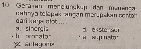 Gerakan menelungkup dan menenga-
dahnya telapak tangan merupakan contoh
dari kerja otot ....
a. sinergis d. ekstensor
b. pronator e. supinator
antagonis