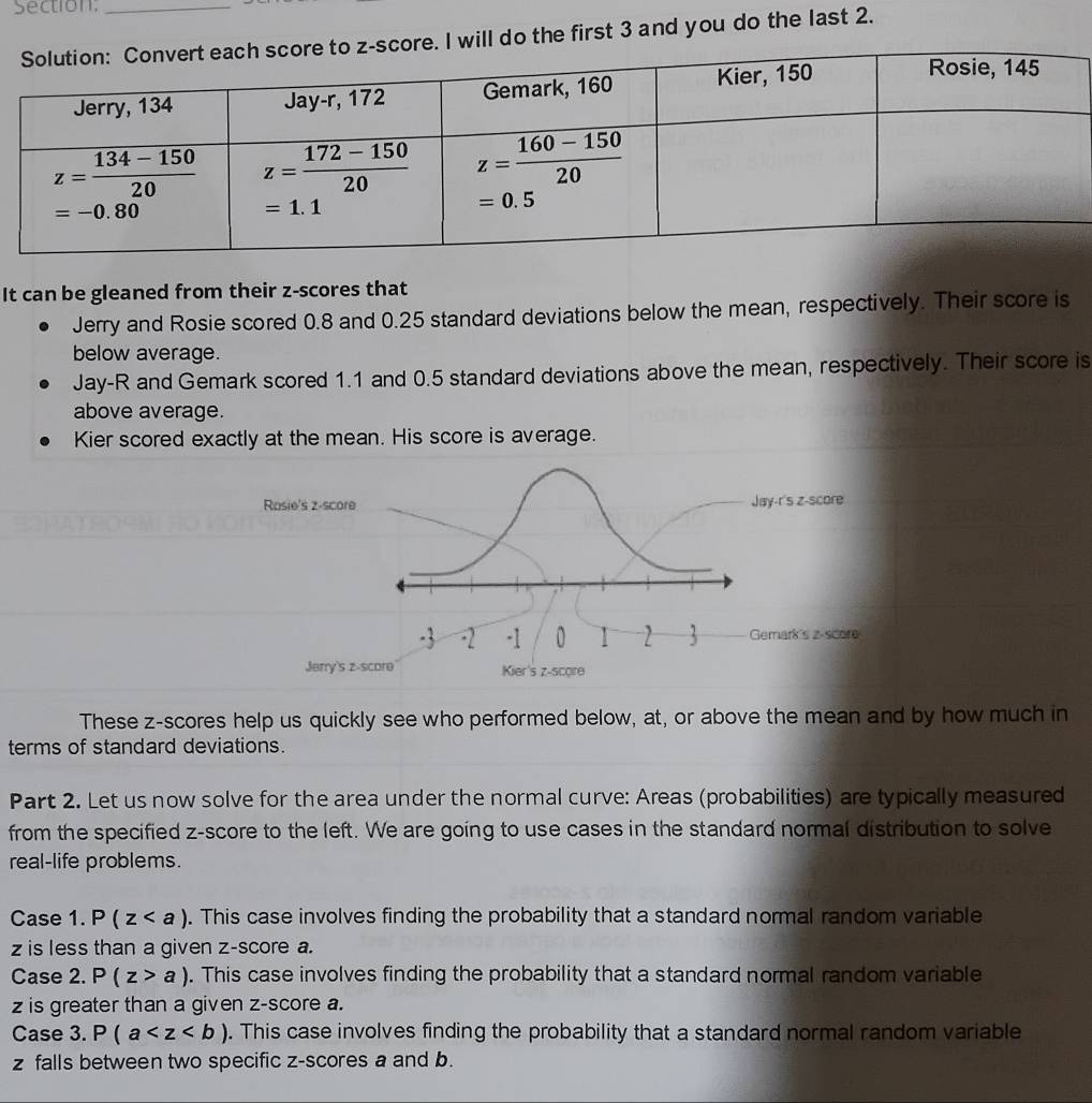 core. I will do the first 3 and you do the last 2.
It can be gleaned from their z-scores that
Jerry and Rosie scored 0.8 and 0.25 standard deviations below the mean, respectively. Their score is
below average.
Jay-R and Gemark scored 1.1 and 0.5 standard deviations above the mean, respectively. Their score is
above average.
Kier scored exactly at the mean. His score is average.
These z-scores help us quickly see who performed below, at, or above the mean and by how much in
terms of standard deviations.
Part 2. Let us now solve for the area under the normal curve: Areas (probabilities) are typically measured
from the specified z-score to the left. We are going to use cases in the standard normal distribution to solve
real-life problems.
Case 1. P(z. This case involves finding the probability that a standard normal random variable
z is less than a given z-score a.
Case 2. P(z>a). This case involves finding the probability that a standard normal random variable
z is greater than a given z-score a.
Case 3. P(a . This case involves finding the probability that a standard normal random variable
z falls between two specific z-scores a and b.