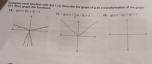 Compare each function with f(x)=|x|
of f. Then graph the functions. , Describe the graph of g as a transformation of the graph 
14, g(x)=2|x+3|-4 g(x)=- 1/2 |x-5|+3 16. g(x)=-3beginvmatrix x-4endvmatrix -1
15.
Y
: