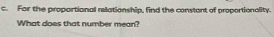 For the proportional relationship, find the constant of proportionality. 
What does that number mean?