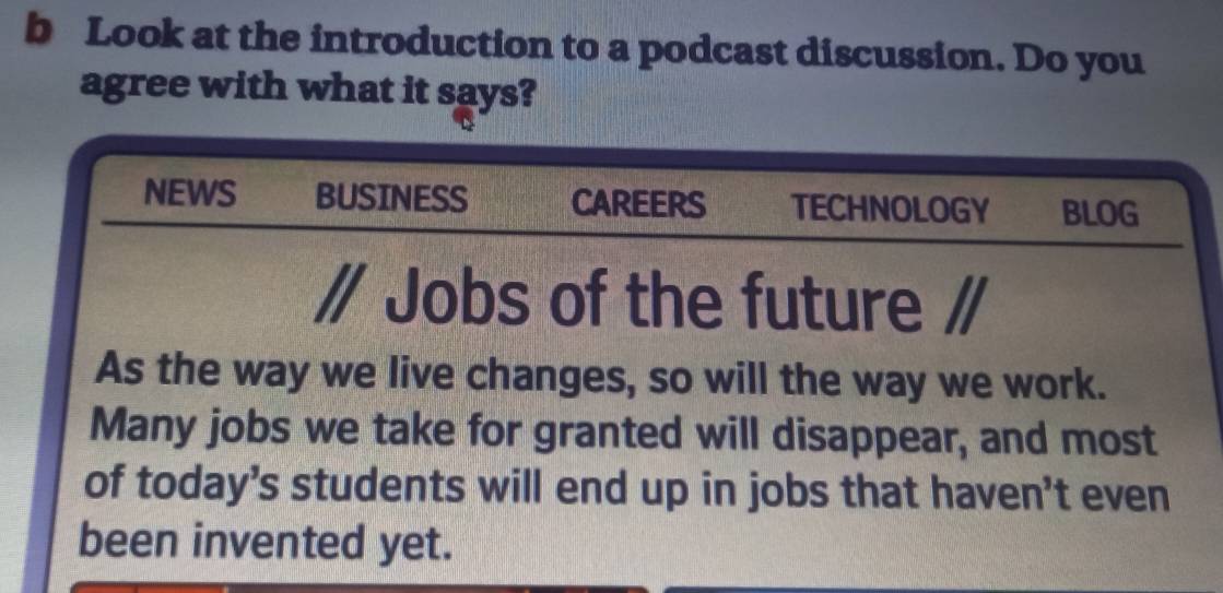 Look at the introduction to a podcast discussion. Do you 
agree with what it says? 
NEWS BUSINESS CAREERS TECHNOLOGY BLOG 
∥ Jobs of the future ∥ 
As the way we live changes, so will the way we work. 
Many jobs we take for granted will disappear, and most 
of today's students will end up in jobs that haven’t even 
been invented yet.