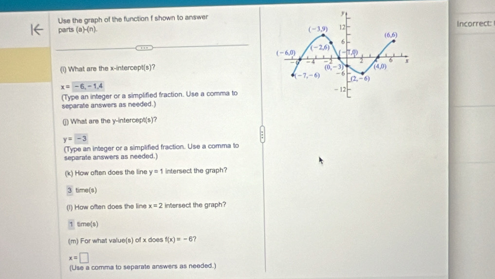 Use the graph of the function f shown to answer
parts (a)-(n).
Incorrect:
(i) What are the x-intercept(s)?
x=-6,-1,4
(Type an integer or a simplified fraction. Use a comma to
separate answers as needed.)
(j) What are the y-intercept(s)?
y=-3
(Type an integer or a simplified fraction. Use a comma to
separate answers as needed.)
(k) How often does the line y=1 intersect the graph?
3 time(s)
(l) How often does the line x=2 intersect the graph?
1 time(s)
(m) For what value(s) of x does f(x)=-6 ?
x=□
(Use a comma to separate answers as needed.)