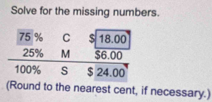 Solve for the missing numbers.
(Round to the nearest cent, if necessary.)