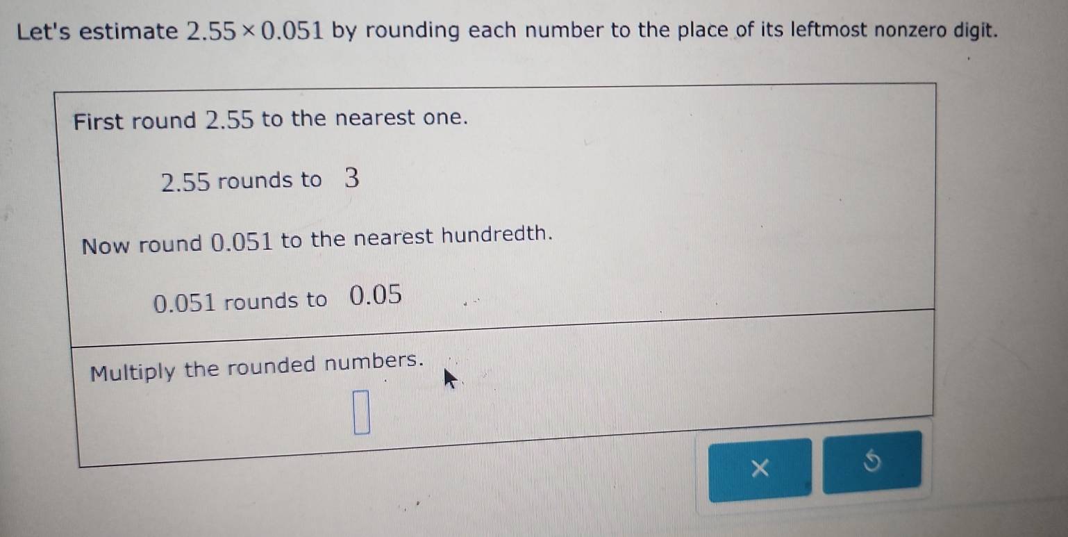 Let's estimate 2.55* 0.051 by rounding each number to the place of its leftmost nonzero digit.