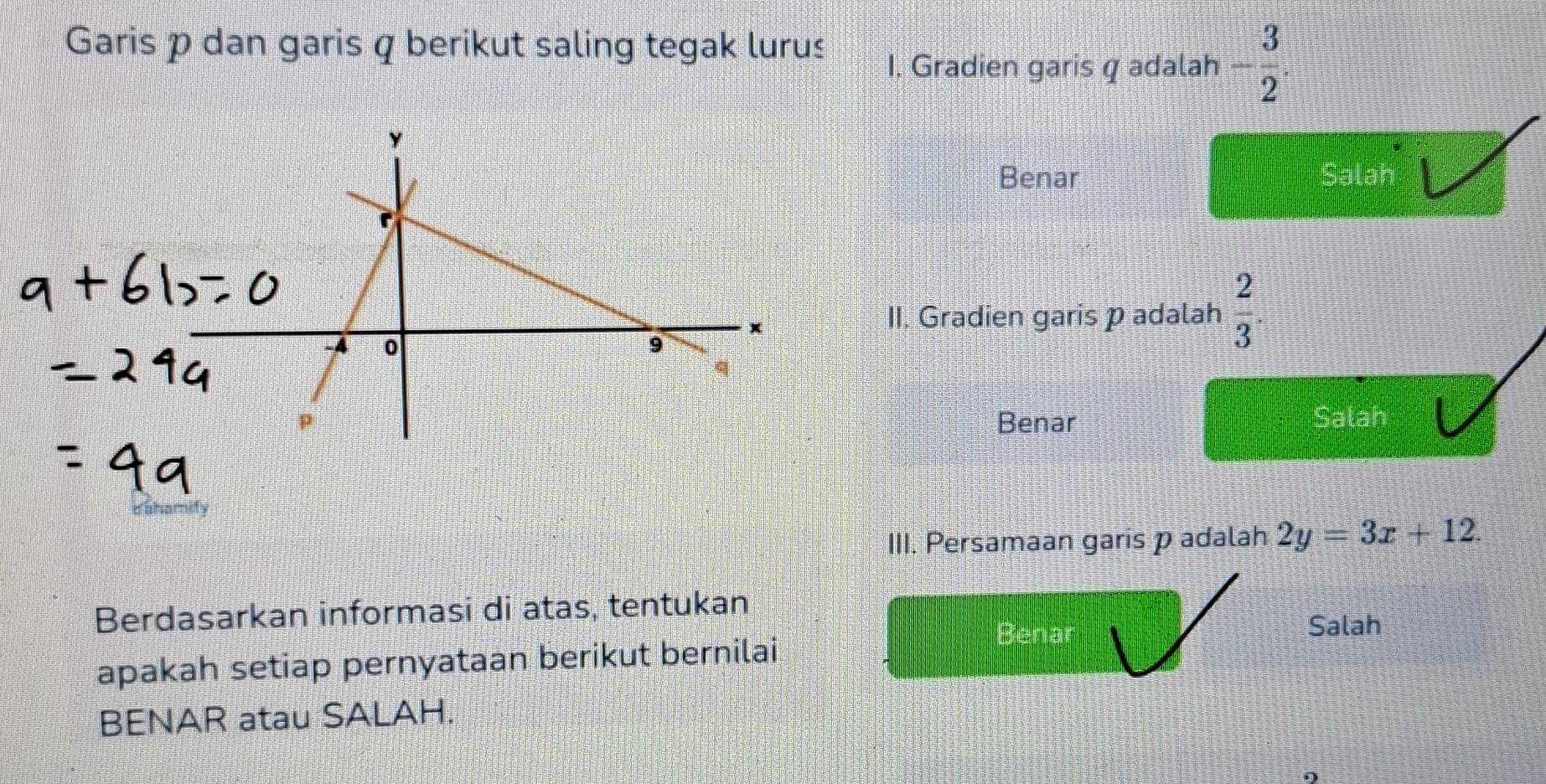 Garis p dan garis q berikut saling tegak lurus
I. Gradien garis q adalah - 3/2 .
Benar Salah
II. Gradien garis p adalah  2/3 .
Benar Salah
III. Persamaan garis p adalah 2y=3x+12. 
Berdasarkan informasi di atas, tentukan
Benar Salah
apakah setiap pernyataan berikut bernilai
BENAR atau SALAH.