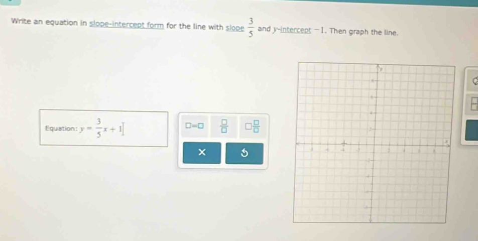 Write an equation in slope-intercept form for the line with slope  3/5  and y-intercept -1. Then graph the line. 
C
□ =□  □ /□   □  □ /□  
Equation: y= 3/5 x+1