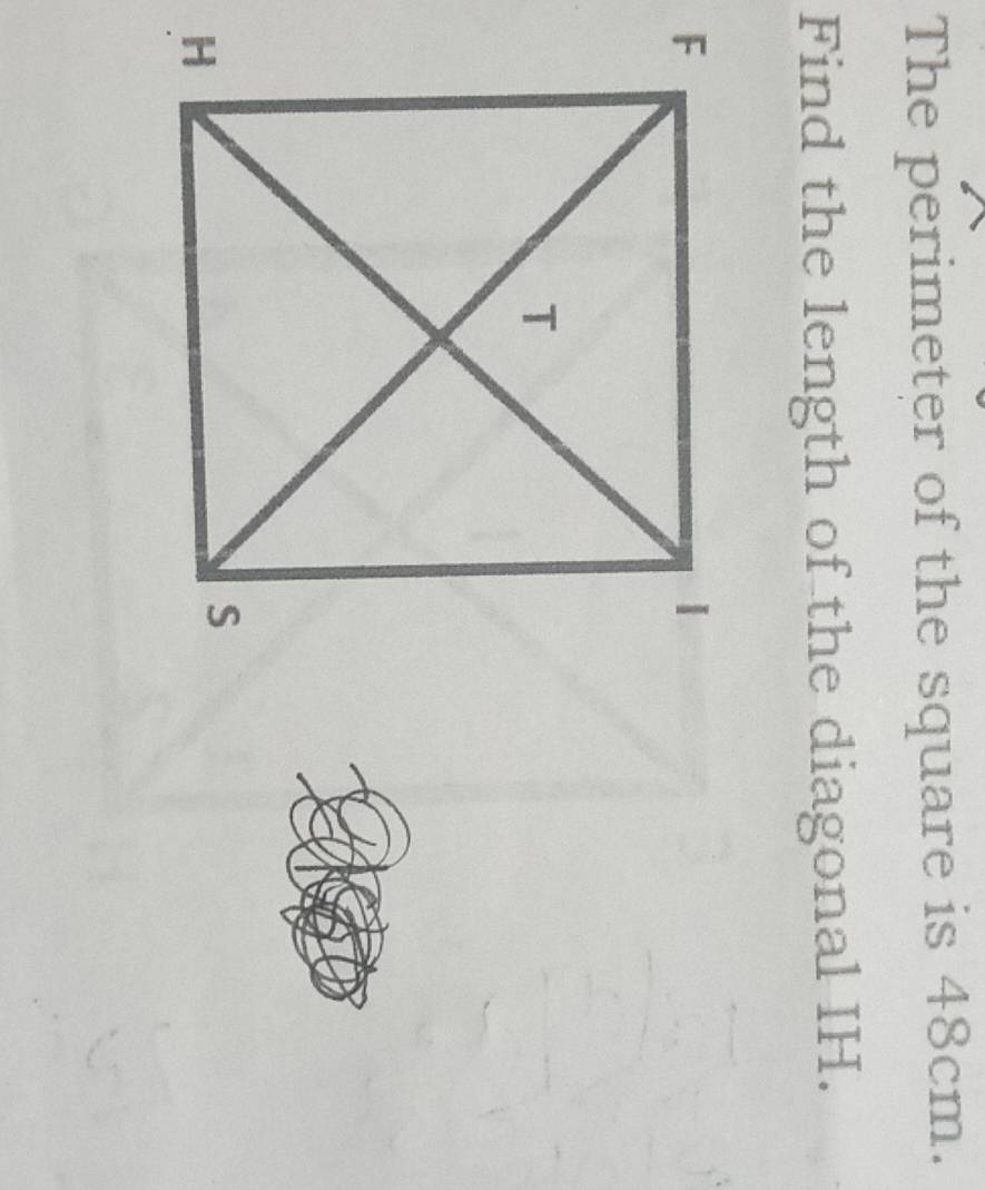 The perimeter of the square is 48cm. 
Find the length of the diagonal IH.