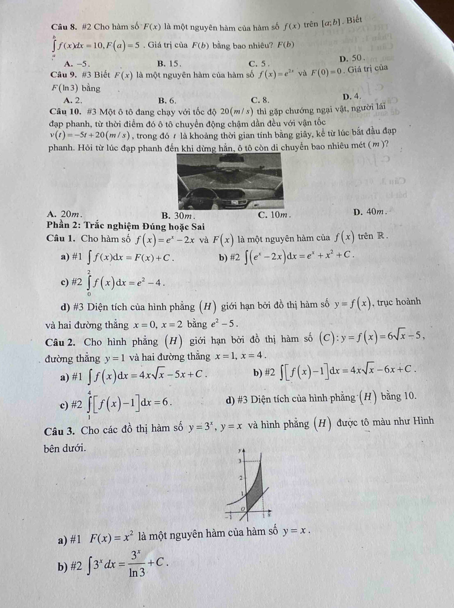 #2 Cho hàm số F(x) là một nguyên hàm của hàm số f(x) trên [a;b]. Biết
f(x)dx=10,F(a)=5. Giá trị của F(b) bằng bao nhiêu? F(b)
A. -5. B. 15. C. 5 .
D. 50 .
Câu 9. #3 Biết F(x) là một nguyên hàm của hàm số f(x)=e^(2x) và F(0)=0. Giá trị của
F(ln 3) bằng
A. 2. B. 6. C. 8.
D. 4.
Câu 10. #3 Một ô tô đang chạy với tốc độ 20(m/s) thì gặp chướng ngại vật, người lái
đạp phanh, từ thời điểm đó ô tô chuyển động chậm dần đều với vận tốc
v(t)=-5t+20(m/s) , trong đó 7 là khoảng thời gian tính bằng giây, kể từ lúc bắt đầu đạp
phanh. Hỏi từ lúc đạp phanh đến khi dừng hẳn, ô tô còn di chuyển bao nhiêu mét (m )?
A. 20m. B. 30m . C. 10m . D. 40m.
Phần 2: Trắc nghiệm Đúng hoặc Sai
Câu 1. Cho hàm số f(x)=e^x-2x và F(x) là một nguyên hàm của f(x) trên R .
a) #1 ∈t f(x)dx=F(x)+C. b) # 2∈t (e^x-2x)dx=e^x+x^2+C.
c) H2∈tlimits _0^(2f(x)dx=e^2)-4.
d) #3 Diện tích của hình phẳng (H) giới hạn bởi đồ thị hàm số y=f(x) , trục hoành
và hai đường thắng x=0,x=2 bằng e^2-5.
Câu 2. Cho hình phẳng (H) giới hạn bởi đồ thị hàm số C ):y=f(x)=6sqrt(x)-5,
đường thẳng y=1 và hai đường thắng x=1,x=4.
a) #1 ∈t f(x)dx=4xsqrt(x)-5x+C. b) # 2∈t [f(x)-1]dx=4xsqrt(x)-6x+C.
c) #2 ∈tlimits _1^(4[f(x)-1]dx=6. d) #3 Diện tích của hình phẳng (H) bằng 10.
Câu 3. Cho các đồ thị hàm số y=3^x),y=x và hình phẳng (H) được tô màu như Hình
bên dưới.
a) #1 F(x)=x^2 là một nguyên hàm của hàm số y=x.
b) #2 ∈t 3^xdx= 3^x/ln 3 +C.