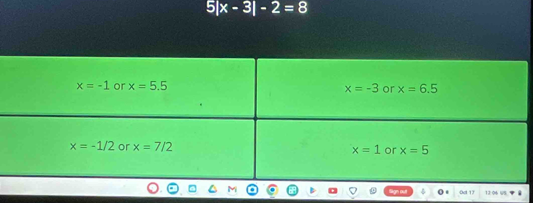 5|x-3|-2=8
Sign out 0ct 17 12 06 US