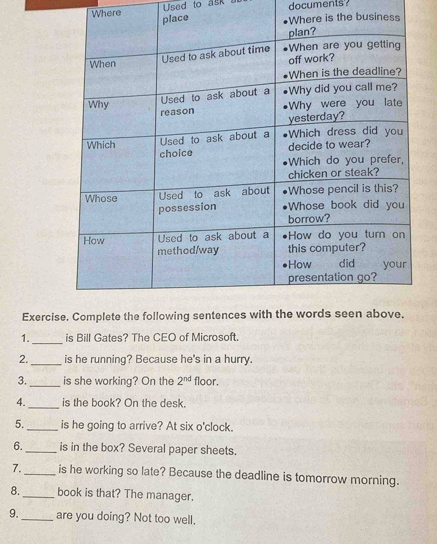 Where Used to ask a documents? 
the business 
Exercis 
1._ is Bill Gates? The CEO of Microsoft. 
2._ is he running? Because he's in a hurry. 
3._ is she working? On the 2^(nd) floor. 
4._ is the book? On the desk. 
5._ is he going to arrive? At six o'clock. 
6._ is in the box? Several paper sheets. 
7._ is he working so late? Because the deadline is tomorrow morning. 
8._ book is that? The manager. 
9._ are you doing? Not too well.