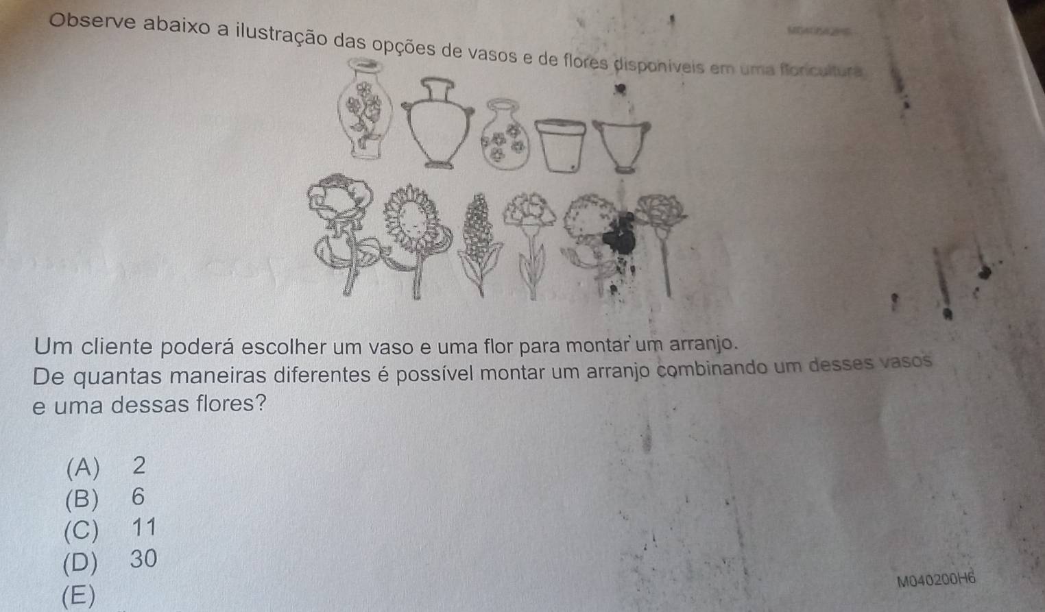 Observe abaixo a ilustração das opções de vm uma flonicultura
Um cliente poderá escolher um vaso e uma flor para montar um arranjo.
De quantas maneiras diferentes é possível montar um arranjo combinando um desses vasos
e uma dessas flores?
(A) 2
(B) 6
(C) 11
(D) 30
M040200H6
(E)