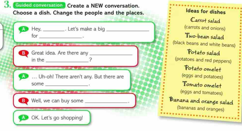 Guided conversation Create a NEW conversation. Ideas for dishes 
Choose a dish. Change the people and the places. 
Carrot salad 
A Hey,_ . Let's make a big_ 
(carrots and onions) 
for_ Two-bean salad 
. (black beans and white beans) 
B Great idea. Are there any _Potato salad 
in the _? (potatoes and red peppers) 
Potato omelet 
... Uh-oh! There aren't any. But there are 
(eggs and potatoes) 
some _Tomato omelet 
. 
(eggs and tomatoes) 
B Well, we can buy some _. 
Banana and orange salad 
(bananas and oranges) 
A OK. Let's go shopping!