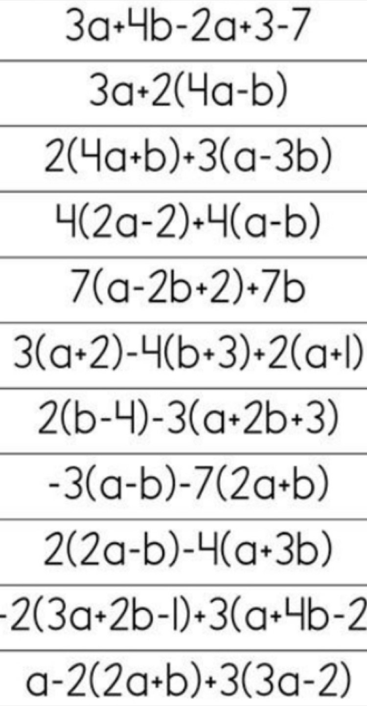 3a+4b-2a+3-7
a-2(2a+b)+3(3a-2)